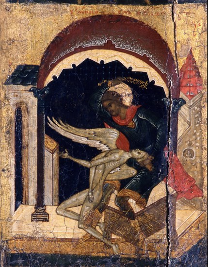 Saint Nicetas Vanquishing Satan (Detail), 16th century. Artist: Russian icon