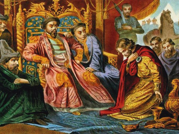 Prince Alexander Nevsky begging Batu Khan for mercy for Russia, End of 19th century. Artist: Anonymous