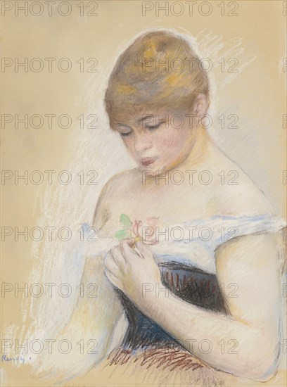 Young Woman Holding A Flower. Portrait of the actress Jeanne Samary, c. 1880. Artist: Renoir, Pierre Auguste (1841-1919)