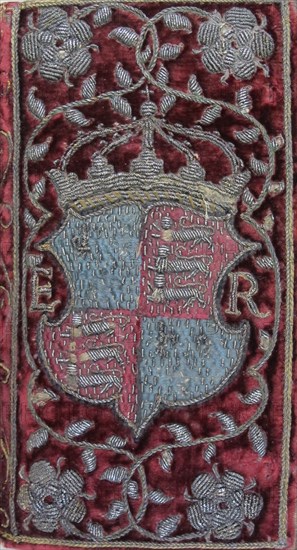 Embroidered velvet binding on John Udall's Sermons with the arms of Elizabeth I, 1596. Artist: Anonymous master