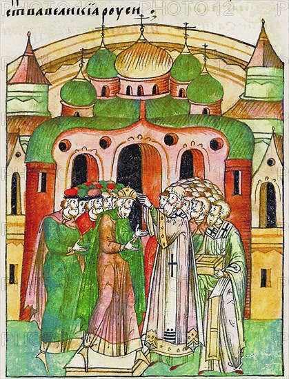 Vladimir Vsevolodovich crowned by Bishop Neophytos with Monomakh's Cap. (From the Illuminated Compil Artist: Anonymous