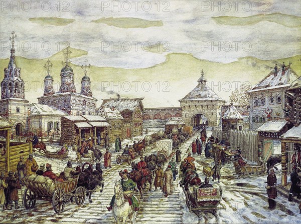 At the Myasnitskaya Gates of the Bely Gorod of the Moscow in the XVII Century, 1926. Artist: Vasnetsov, Appolinari Mikhaylovich (1856-1933)