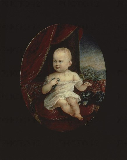 Portrait of Tsarevich Nicholas Aleksandrovich (1868-1918) as a One-Year-old Child, 1869. Artist: Rockstuhl, Alois Gustav (1798-1877)