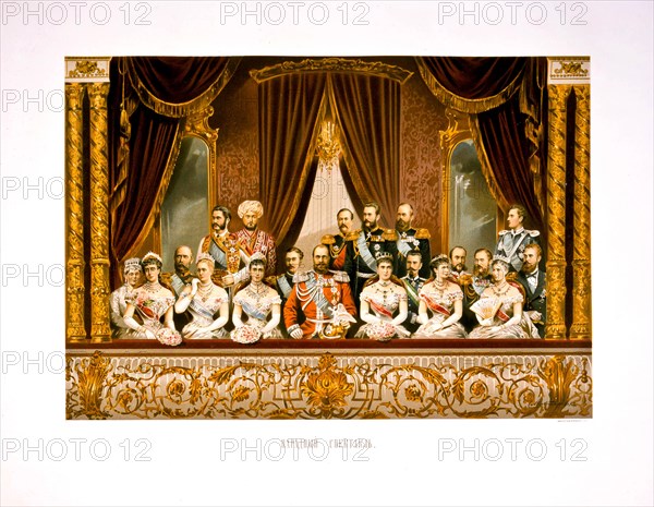 The group portrait at the Bolshoi Theater. Coronation of Empreror Alexander III and Empress Maria Fy Artist: Alexandrovsky, Stepan Fyodorovich (1843-1906)