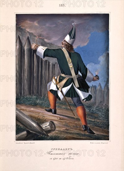 Grenadier of the Infantry Regiment in 1700-1732, 1841. Artist: Chorikov, Boris Artemyevich (1802-1866)