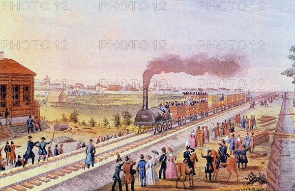 Arrival of the first train from St. Petersburg to Tsarskoye Selo on 30 October 1837, 1837. Artist: Martens, Friedrich von (1809-1875)