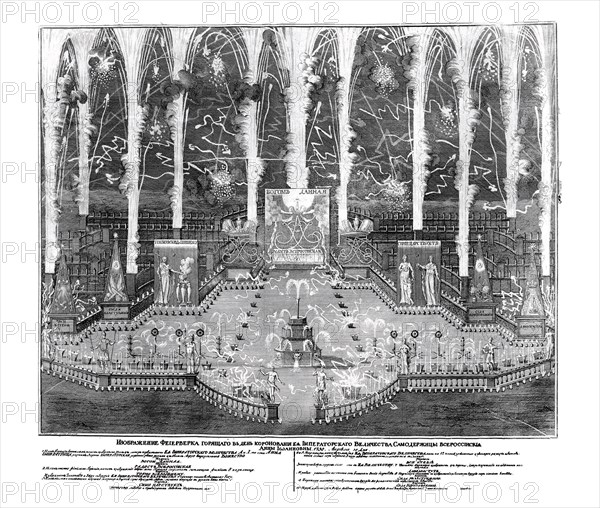 Fireworks on the occasion of the coronation of Anna Ioannovna on April 30, 1730, 1730. Artist: Anonymous