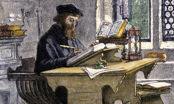 John Wycliffe at work, 19th century. Artist: Anonymous