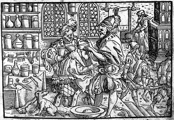Operation on a man's head. From: Die große Wundarzney by Theophrastus Bombastus von Hohenheim, 1562. Artist: Anonymous