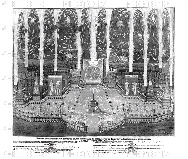 Fireworks on the occasion of the coronation of Anna Ioannovna on April 30, 1730, 1730. Artist: Anonymous