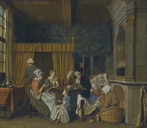 A family taking tea while celebrating the birth of twins. Artist: Horemans, Jan Josef, the Younger (1714-1790)