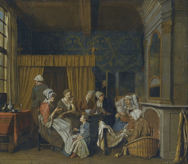 A family taking tea while celebrating the birth of twins. Artist: Horemans, Jan Josef, the Younger (1714-1790)