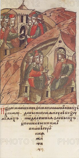 Novgorod veche. The Novgorodians invited Yaroslav II Vsevolodovich to rule over them. (From the Illu Artist: Anonymous