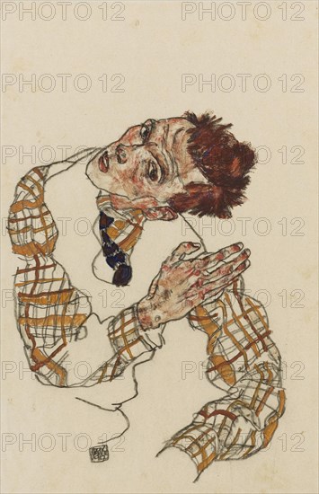 Self-portrait with checkered shirt, 1917. Artist: Schiele, Egon (1890-1918)