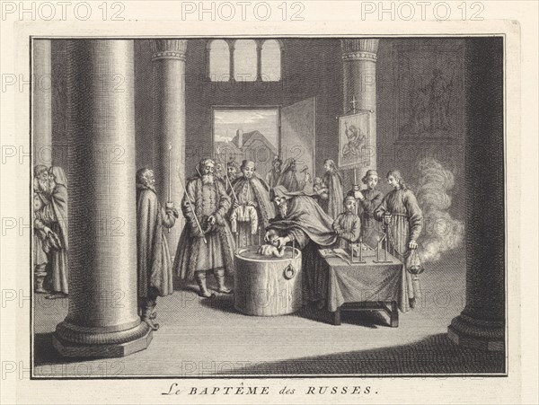 Infant Baptism in Russia, 1732. Artist: Picart, Bernard (1673?1733)