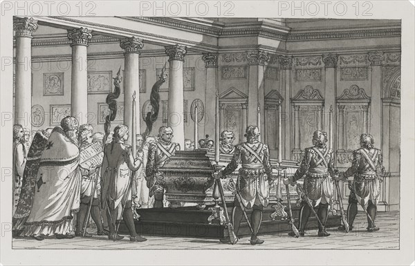 The Emperor Paul I Lying in State with a guard of honour. Artist: Quarenghi, Giacomo Antonio Domenico (1744-1817)