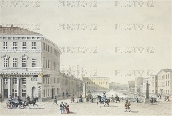 View of the Moika Embankment from the Police Bridge, 1839. Artist: Anonymous