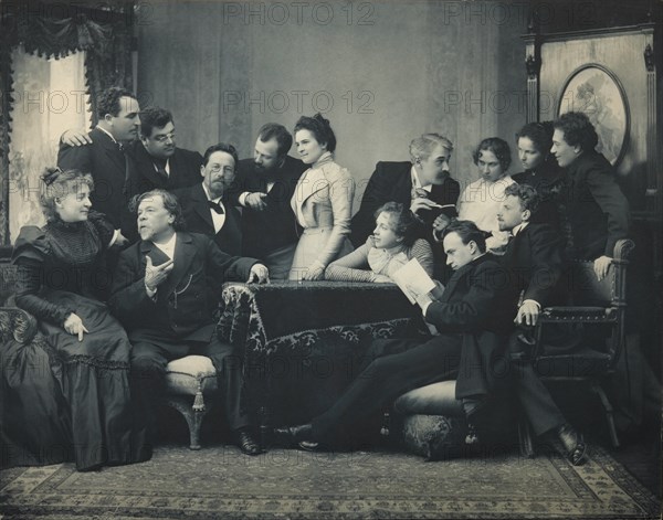 Anton Chekhov between actors of the play The Seagull, 1899. Artist: Pavlov, Pyotr Petrovich (1860-1925)