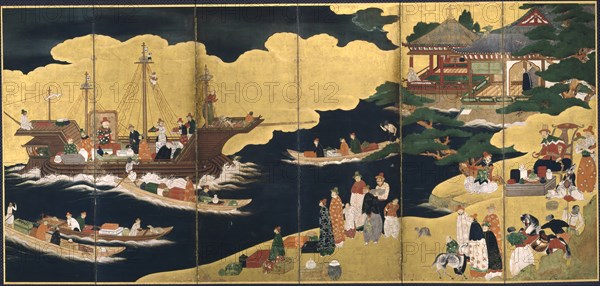 Arrival of a Portuguese ship. Nanban screen, ca. 1600. Artist: Anonymous