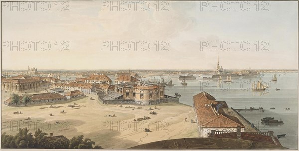 View to the Spit of Vasilyevsky Island and Peter and Paul Fortress, Between 1802 and 1805. Artist: Atkinson, John Augustus (1775-1831)