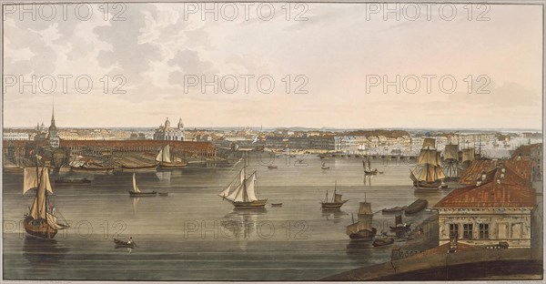View to the Admiralty, old St Isaac's Cathedral, English embankment and Academy of Sciences from Vas Artist: Atkinson, John Augustus (1775-1831)