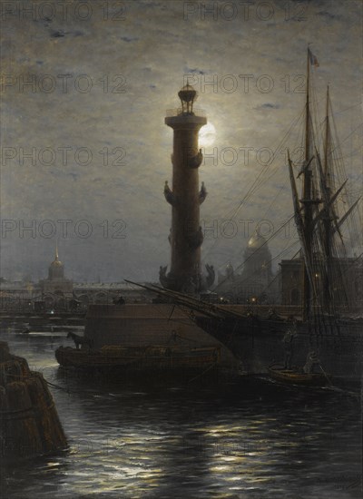 The Rostral Column near the Stock Exchange in St. Petersburg, 1878. Artist: Bogolyubov, Alexei Petrovich (1824-1896)