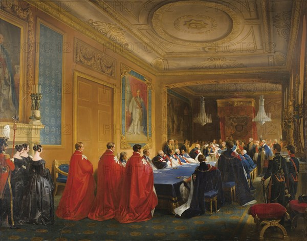 Louis-Philippe receiving the Order of the Garter from the hands of a young Queen Victoria, 1844. Artist: Gosse, Nicolas-Louis-François (1787-1878)