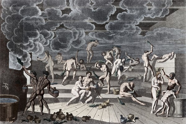 A Russian bathhouse, 1811. Artist: Korneev (Karneev), Yemelyan Mikhaylovich (ca 1780-after 1839)