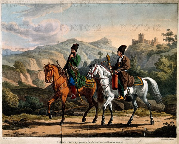 Persian smoking a hookah on horseback, ca 1820. Artist: Orlowski (Orlovsky), Alexander Osipovich (1777-1832)