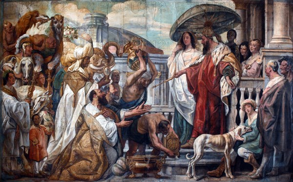 The envoys of the Caliph Harun al-Rashid offering a clock to Charlemagne, 1660. Artist: Jordaens, Jacob (1593-1678)