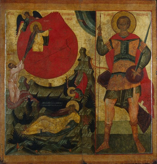 The Prophet Elijah and the Fiery Chariot. Saint Demetrius of Thessaloniki, Mid of 16th century. Artist: Russian icon