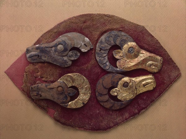 Fragment of a Felt Covering for a Saddle, with Mouflons' Heads, 6th century BC. Artist: Ancient Altaian, Pazyryk Burial Mounds