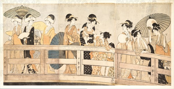On top and beneath Ryogoku Bridge, c. 1800. Artist: Utamaro, Kitagawa (1753-1806)