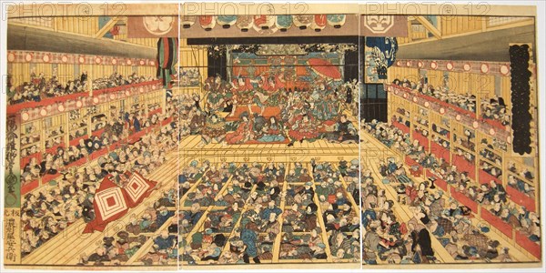 Odori-keiyo Edo-e no Sakae: Theatre interior with Shibaraku performance, 1858. Artist: Kunisada (Toyokuni III), Utagawa (1786-1865)