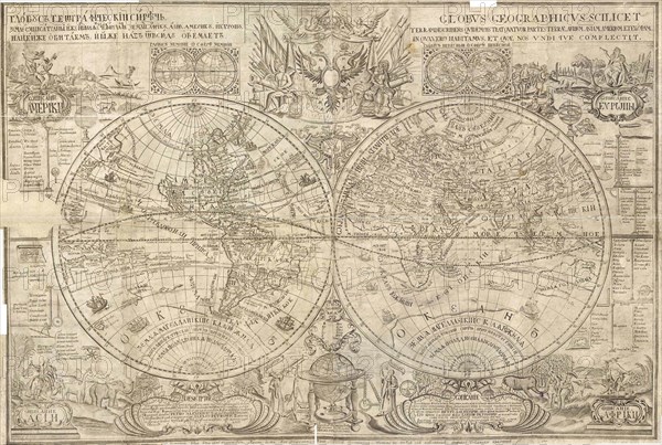 Double hemisphere map of the World, 1707. Artist: Kiprianov, Vasily Anufrievich (1669-after 1723)