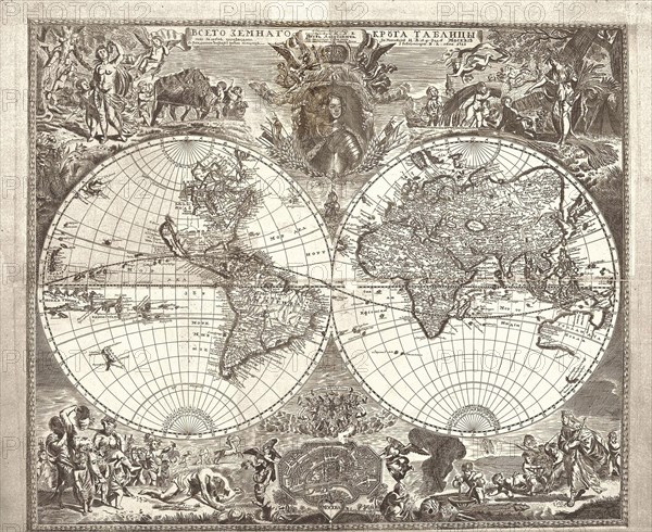 Double hemisphere map of the World, 1713. Artist: Kiprianov, Vasily Anufrievich (1669-after 1723)