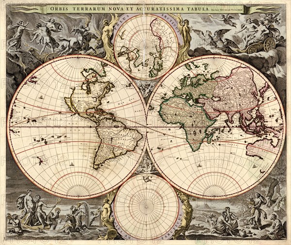 Orbis terrarum nova et accuratissima tabula, ca 1690. Artist: Visscher, Nicolaes (1618-1679)