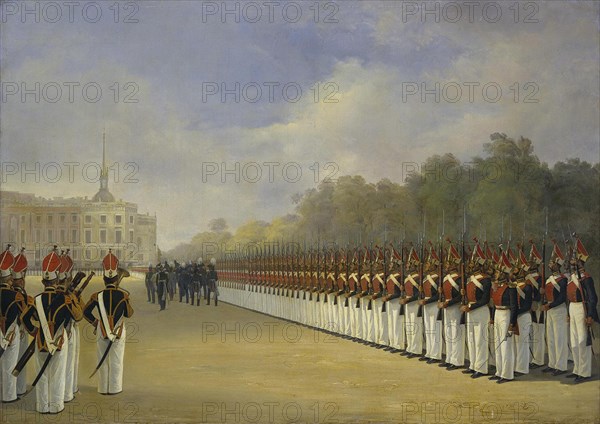 Parade of the Pavlovsky Guard Regiment on the Field of Mars in Saint Petersburg, 1830s. Artist: Ladurner, Adolphe (1798-1856)