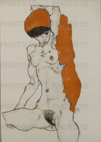 Female nude with orange-red cloth, 1914. Artist: Schiele, Egon (1890-1918)