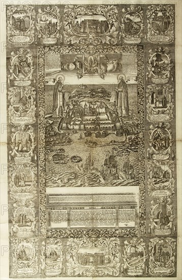 Saints Zosima and Savvatiy of Solovki with view of the Solovetsky Monastery, 1765. Artist: Pastukhov, Dmitri (active Mid of 18th cen.)