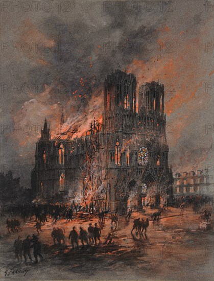 The burning Reims Cathedral, 1914-1915.