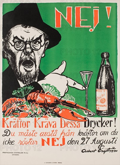 No! Crayfish require these drinks!, Swedish anti-Prohibition poster, 1922.