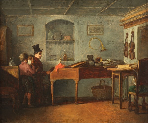 The schoolmaster with the boys singing flat at the piano, 1840.