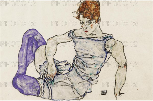 Seated woman in violet stockings, 1917.