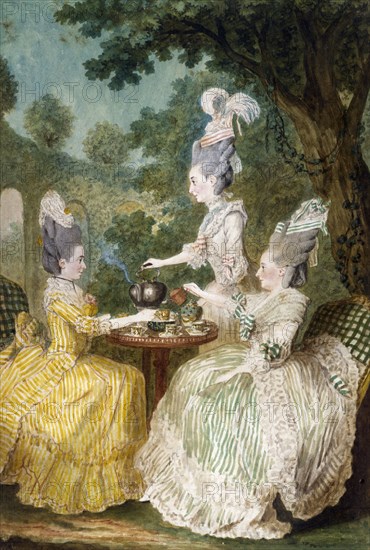 Marquise de Montesson, Marquise du Crest and Comtesse de Damas drinking Tea in Garden, 1773.