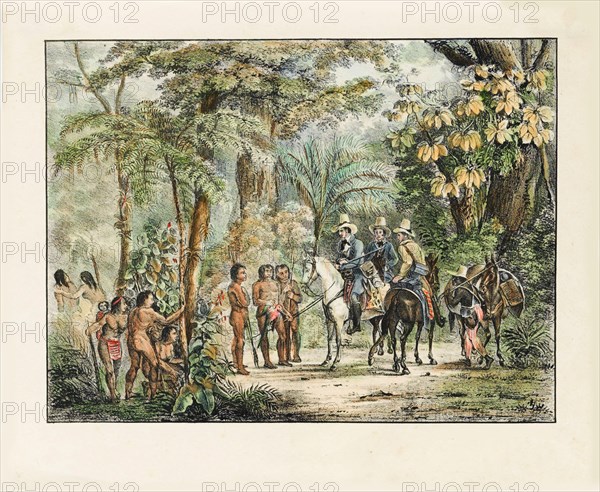 The encounter between the Native Americans and Europeans. From Malerische Reise in Brasilien.