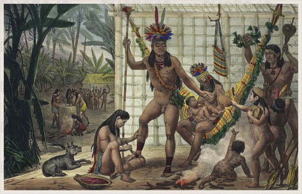 Family of a Camacan Indian Chief Preparing for a Festival. Illustration from Voyage pittoresque et h