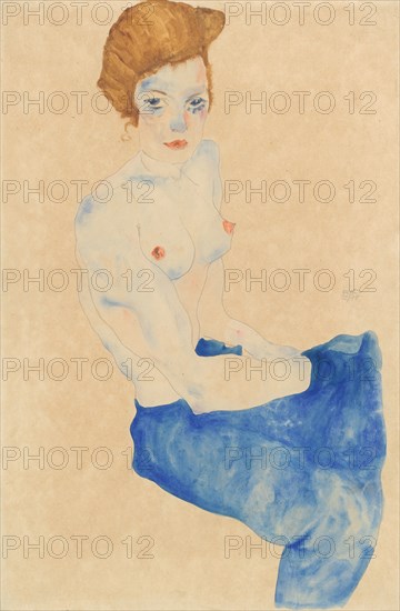 Sitting young woman, half nude with blue skirt (Wally Neuzil).