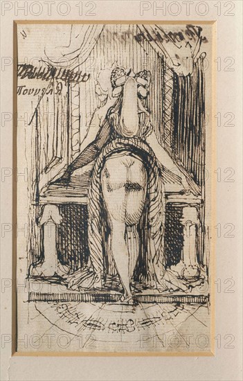 Callipyga. Lady with raised skirts, standing in front of a dressing table with phallic supports.