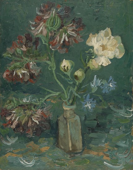 Bottle with Peonies and Blue Delphiniums.